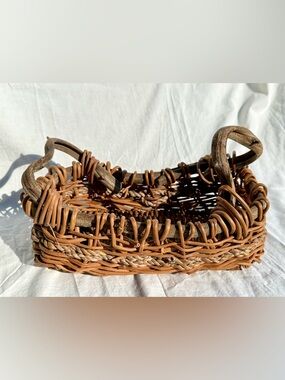 Folk Art Handwoven Brown Wicker Rectangular Basket with Rustic Handles